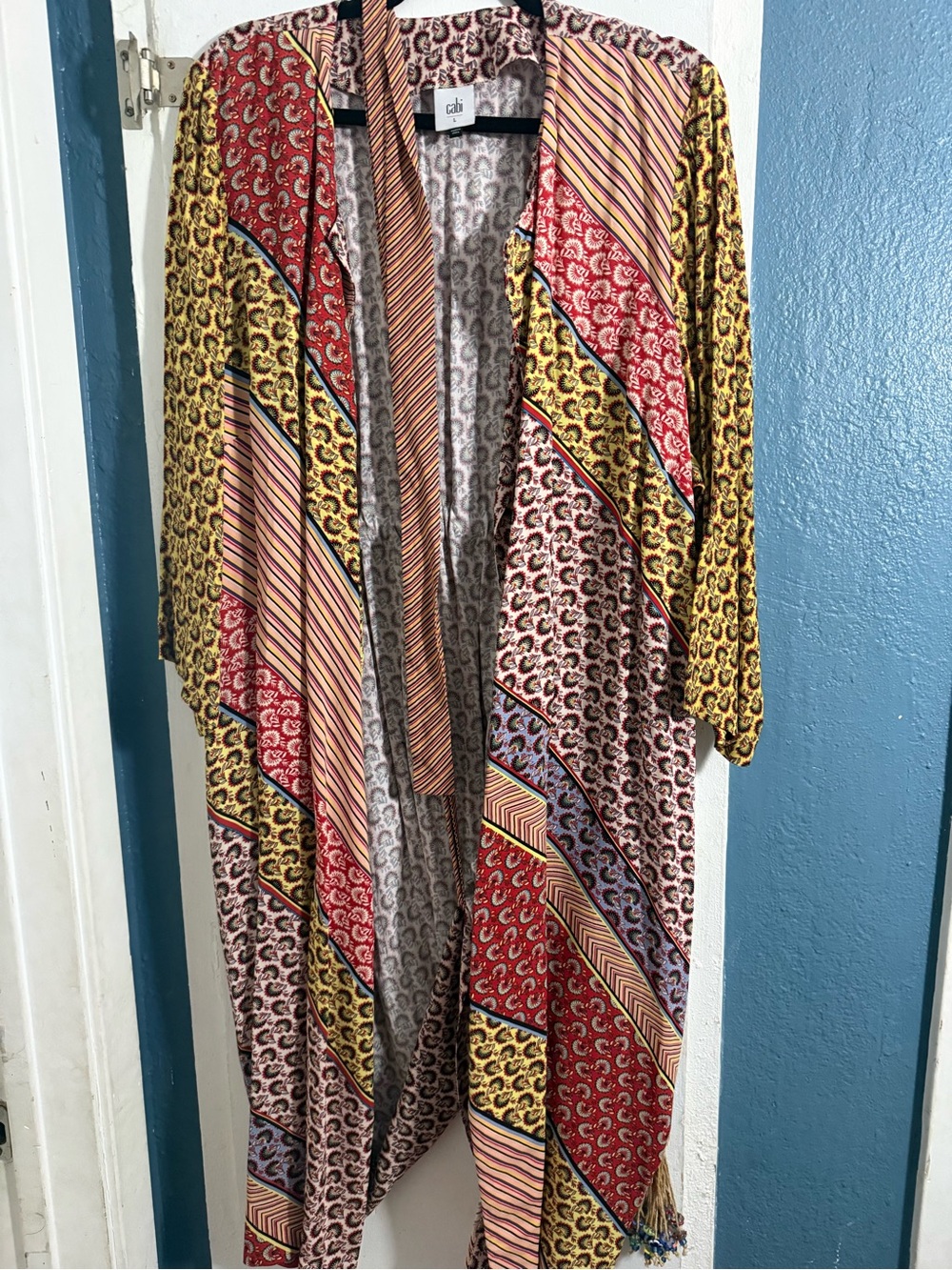 CAbi Multicolor Printed Open Front Duster - Yellow, Red, Pink, Black